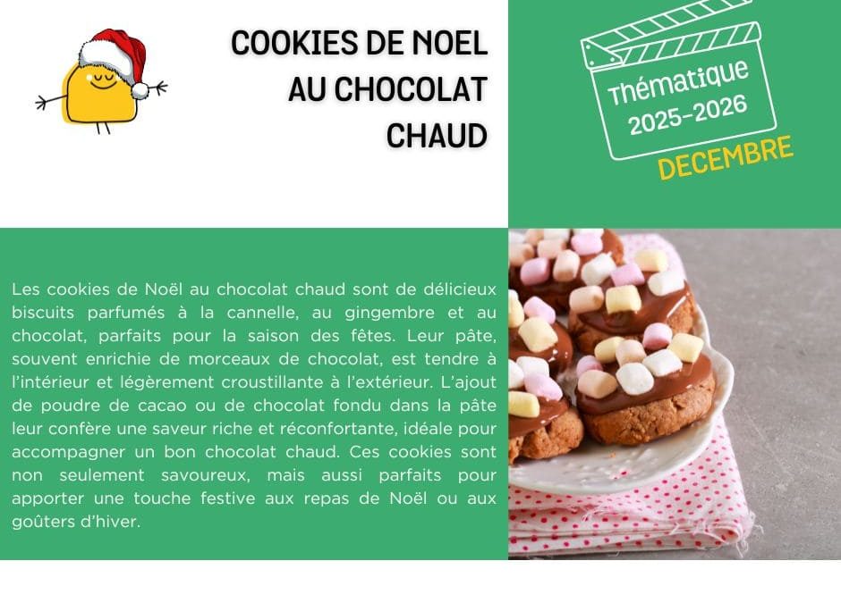 Sur cette image nous décrivons la recette de délicieux cookies de Noël au chocolat chaud en référence au film le Pôle express