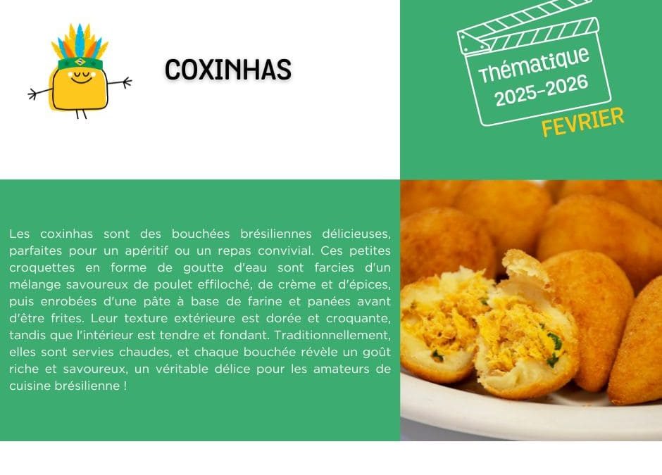 Sur cette image nous décrivons la recette de délicieux Coxinhas (croquettes de poulet brésiliennes) en référence au film Rio.
