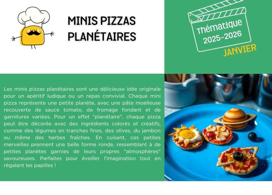 Sur cette image nous décrivons la recette de délicieuses mini-pizzas planétaires en référence au film le Petit prince